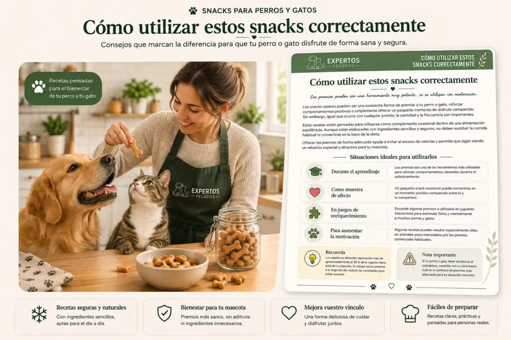 Guía sobre cómo utilizar snacks caseros para perros y gatos correctamente, con recomendaciones de uso, premios durante el entrenamiento, enriquecimiento ambiental y consejos de alimentación de Expertos Peludos.