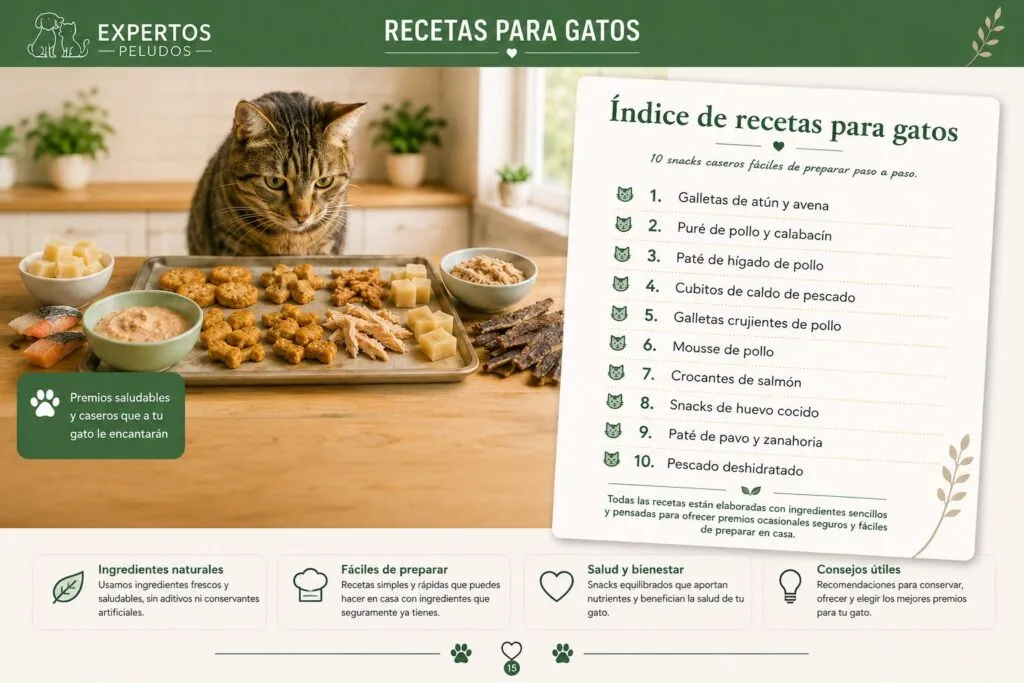 Índice de recetas de snacks caseros para gatos con 10 recetas fáciles de preparar paso a paso, vista previa del ebook de Expertos Peludos.