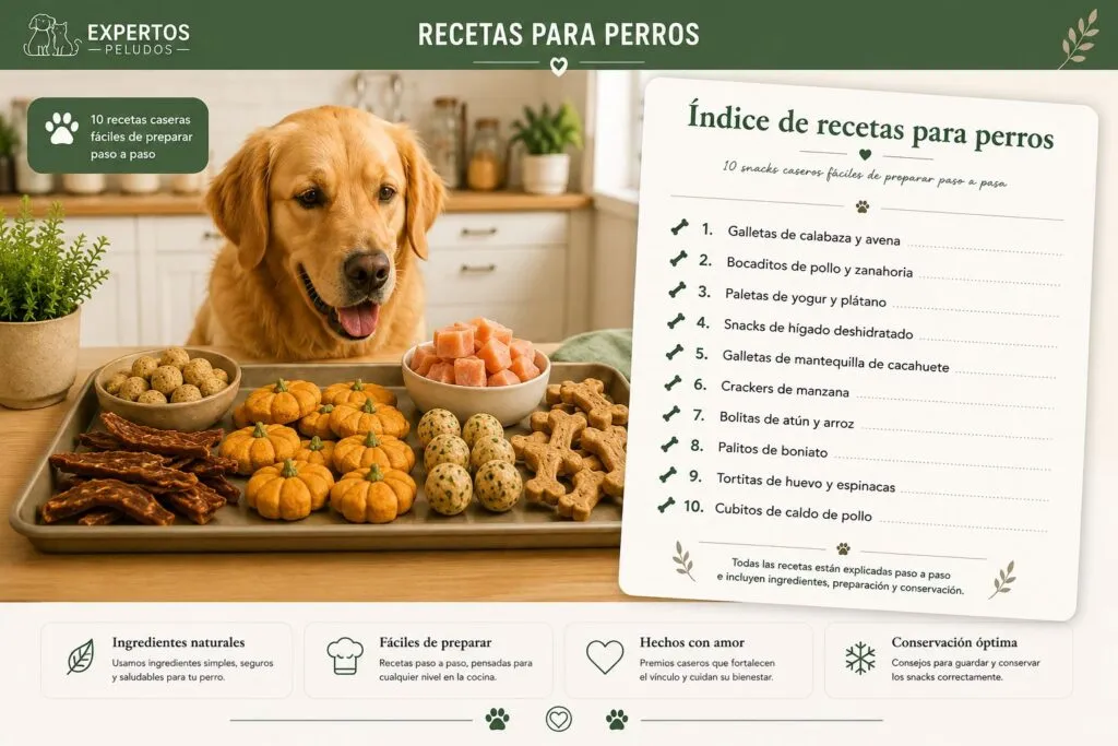 Índice de recetas de snacks caseros para perros con 10 recetas fáciles de preparar paso a paso, vista previa del ebook de Expertos Peludos.