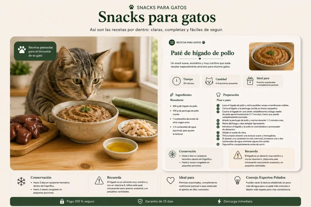 Receta casera de paté de hígado de pollo para gatos con ingredientes, preparación paso a paso, consejos de conservación y vista previa del ebook de Expertos Peludos.