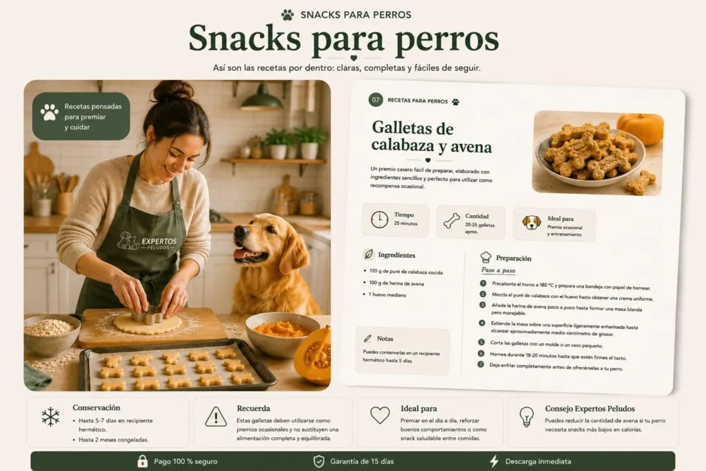 Receta casera de galletas de calabaza y avena para perros con ingredientes, preparación paso a paso y consejos de conservación de Expertos Peludos.
